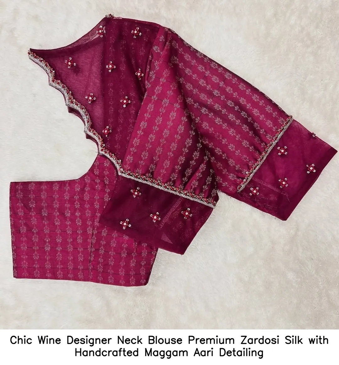Chic Wine Designer Neck Blouse – Premium Zardosi Silk with Handcrafted Maggam Aari Detailing