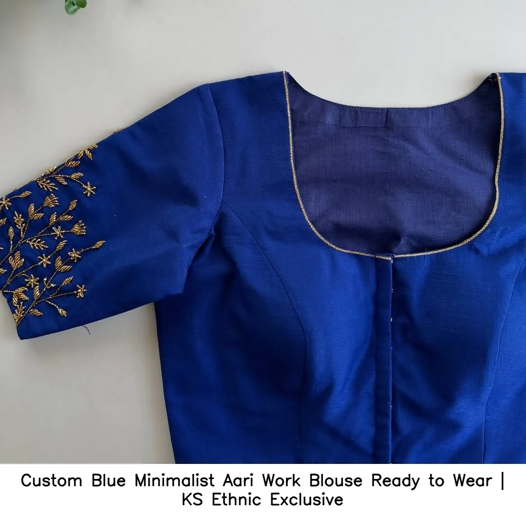 Custom Blue Minimalist Aari Work Blouse – Ready to Wear | KS Ethnic Exclusive