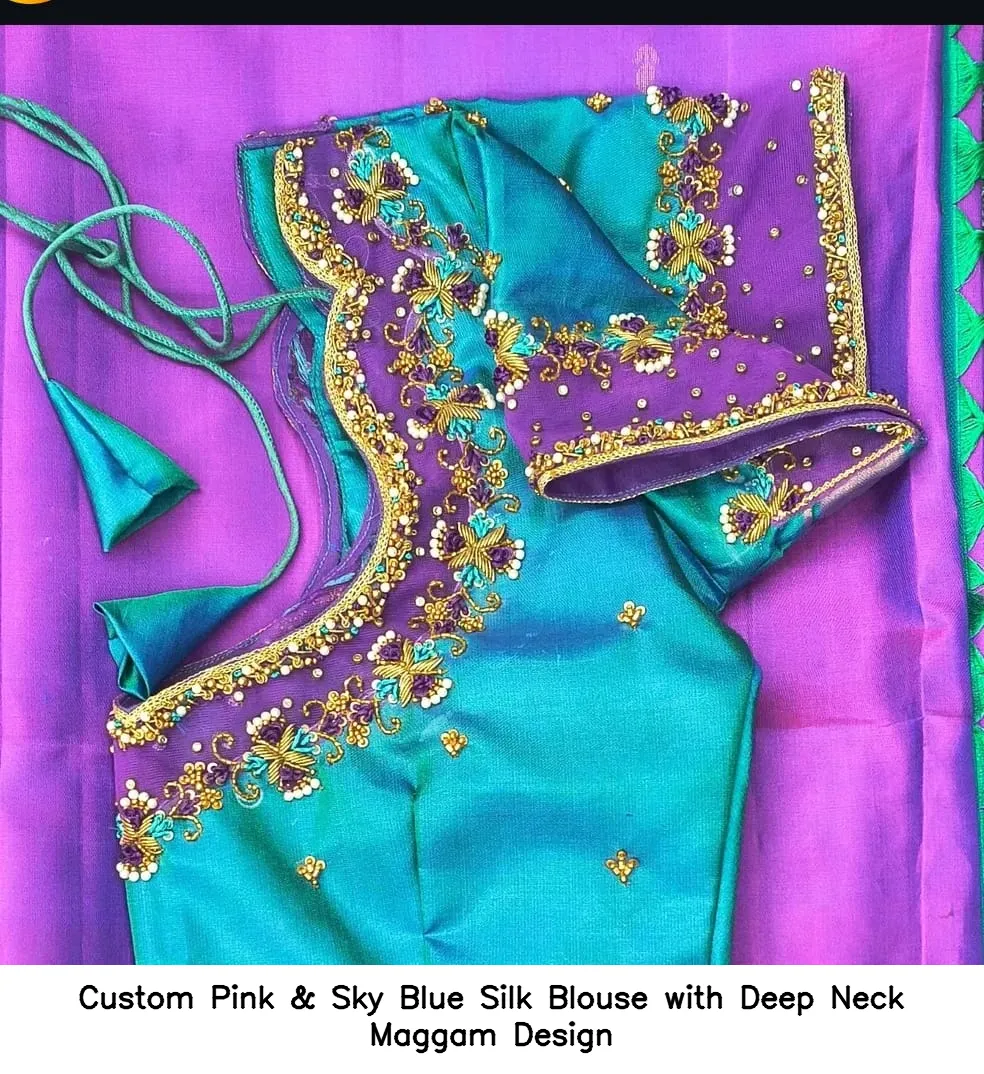 Custom Pink & Sky Blue Silk Blouse with Deep Neck Maggam Design