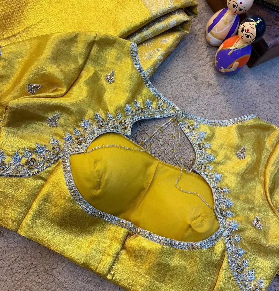 Custom Yellow Raw Silk Blouse Affordable Silver Maggam Embroidery
