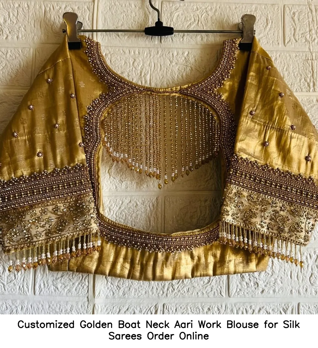 Customized Golden Boat Neck Aari Work Blouse for Silk Sarees – Order Online
