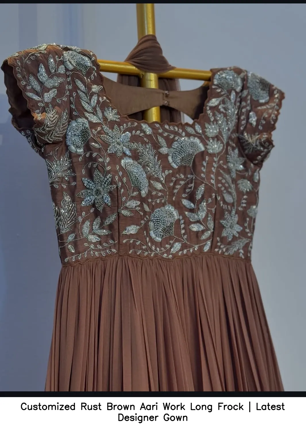Customized Rust Brown Aari Work Long Frock | Latest Designer Gown - Image 2