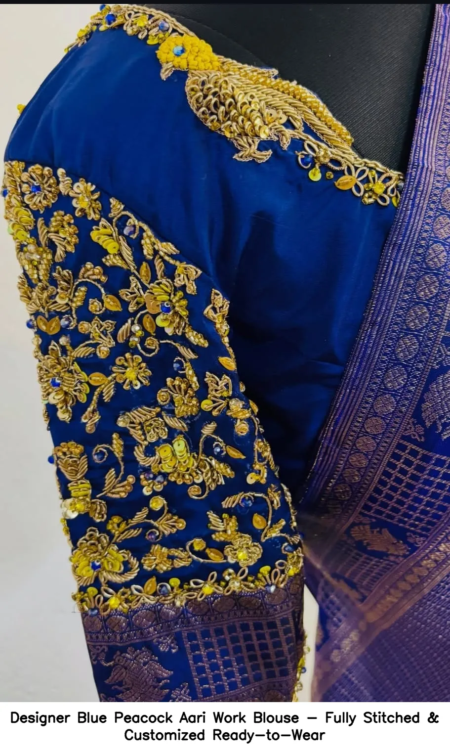 Designer Blue Peacock Aari Work Blouse - Fully Stitched & Customized Ready-to-Wear