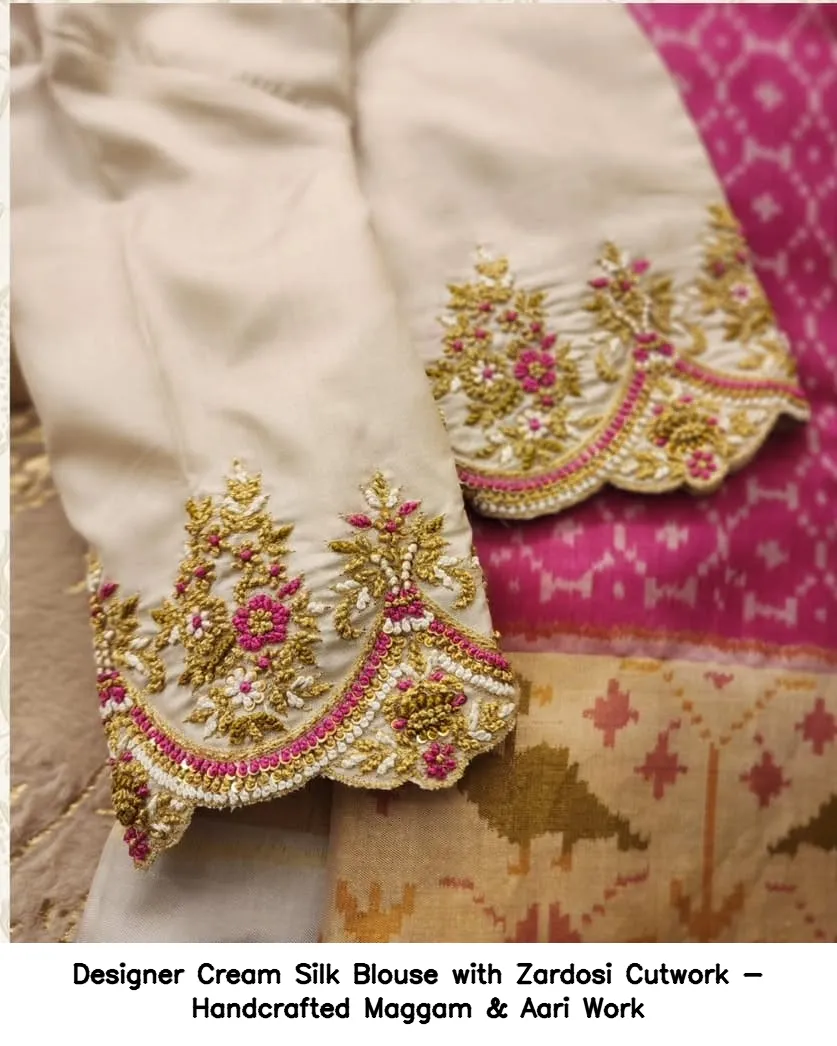 Designer Cream Silk Blouse with Zardosi Cutwork - Handcrafted Maggam & Aari Work