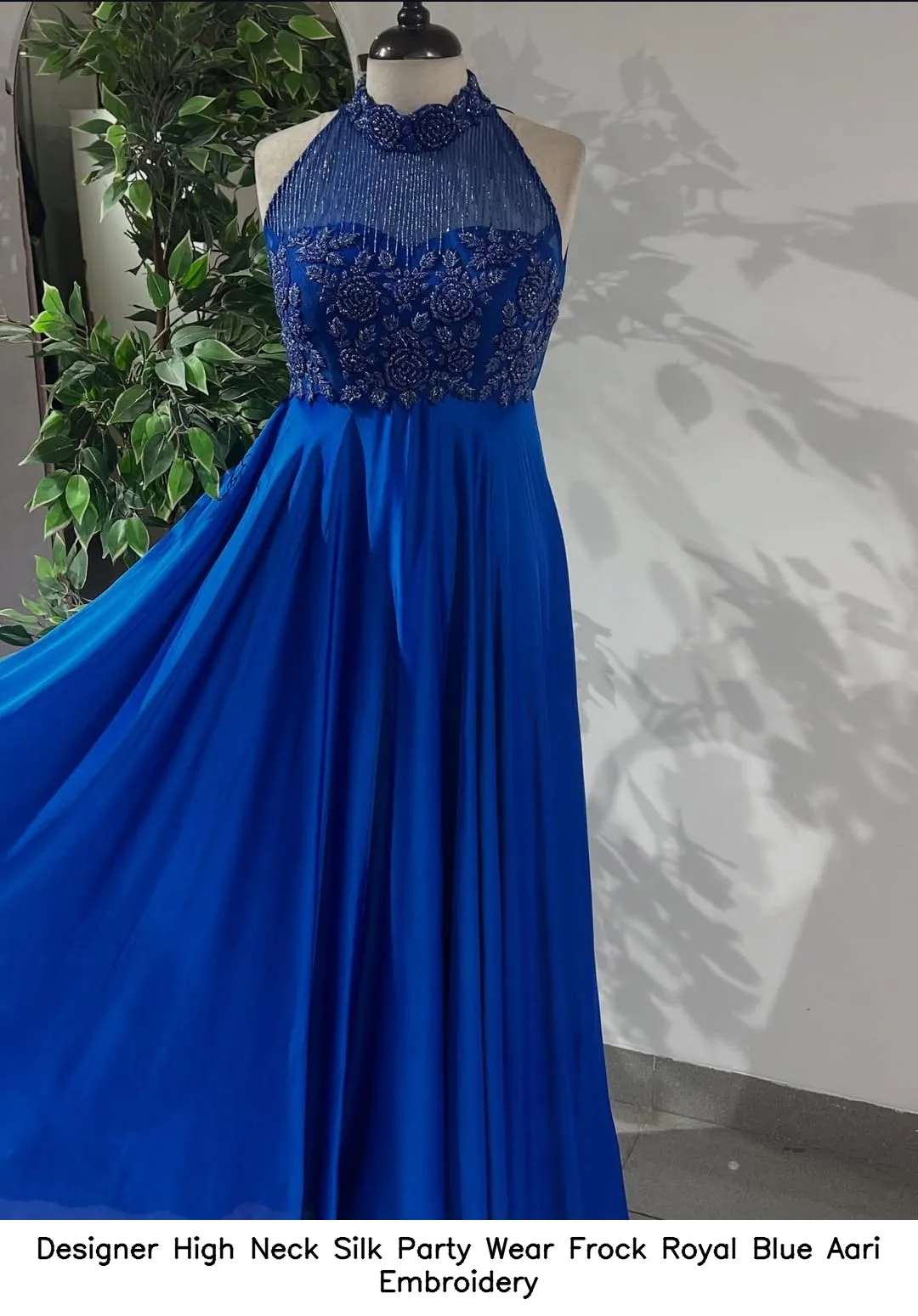 Designer High Neck Silk Party Wear Frock – Royal Blue Aari Embroidery