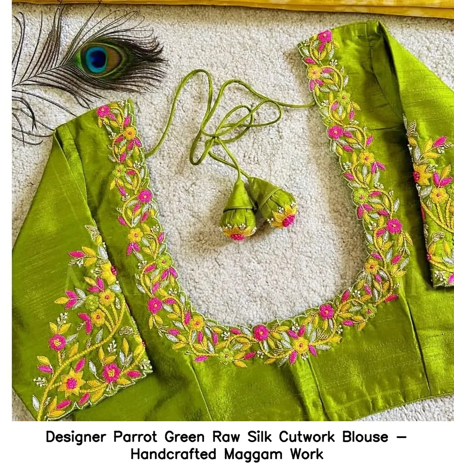 Designer Parrot Green Raw Silk Cutwork Blouse - Handcrafted Maggam Work