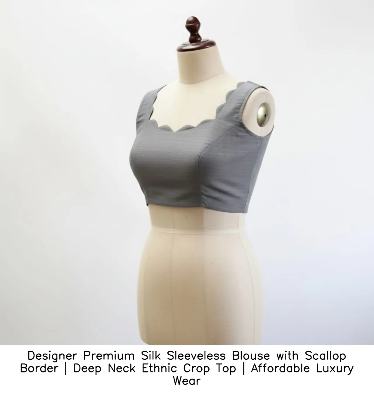 Designer Premium Silk Sleeveless Blouse with Scallop Border | Deep Neck Ethnic Crop Top | Affordable Luxury Wear