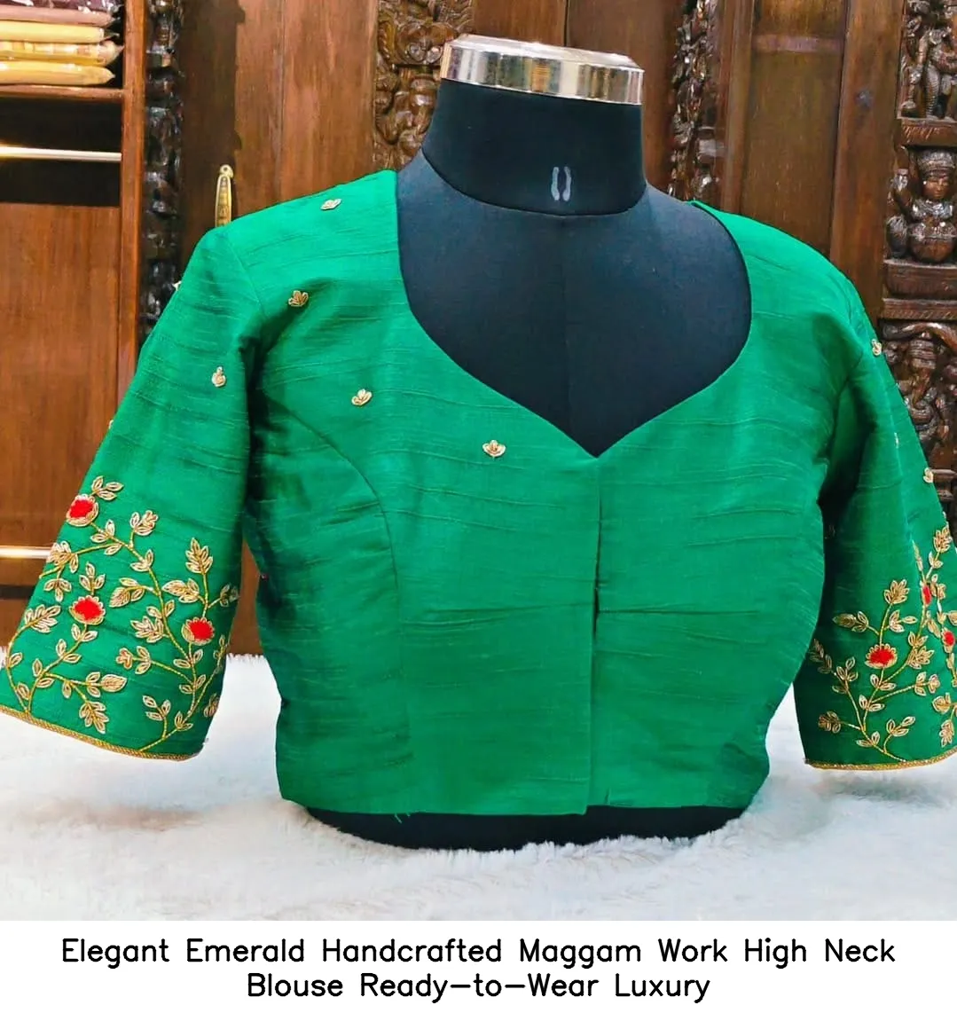 Elegant Emerald Handcrafted Maggam Work High Neck Blouse  Ready-to-Wear Luxury