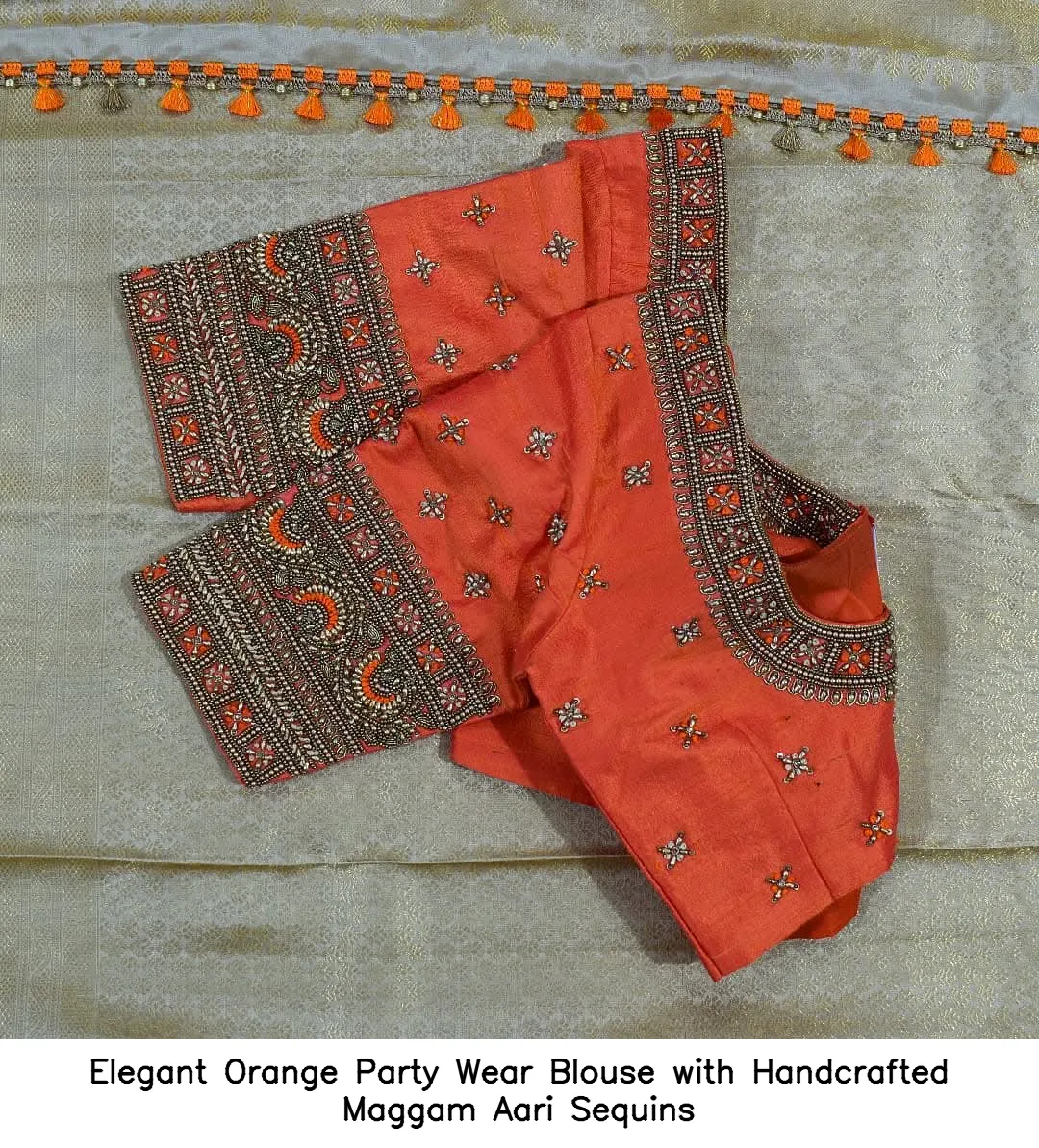 Elegant Orange Party Wear Blouse with Handcrafted Maggam Aari Sequins