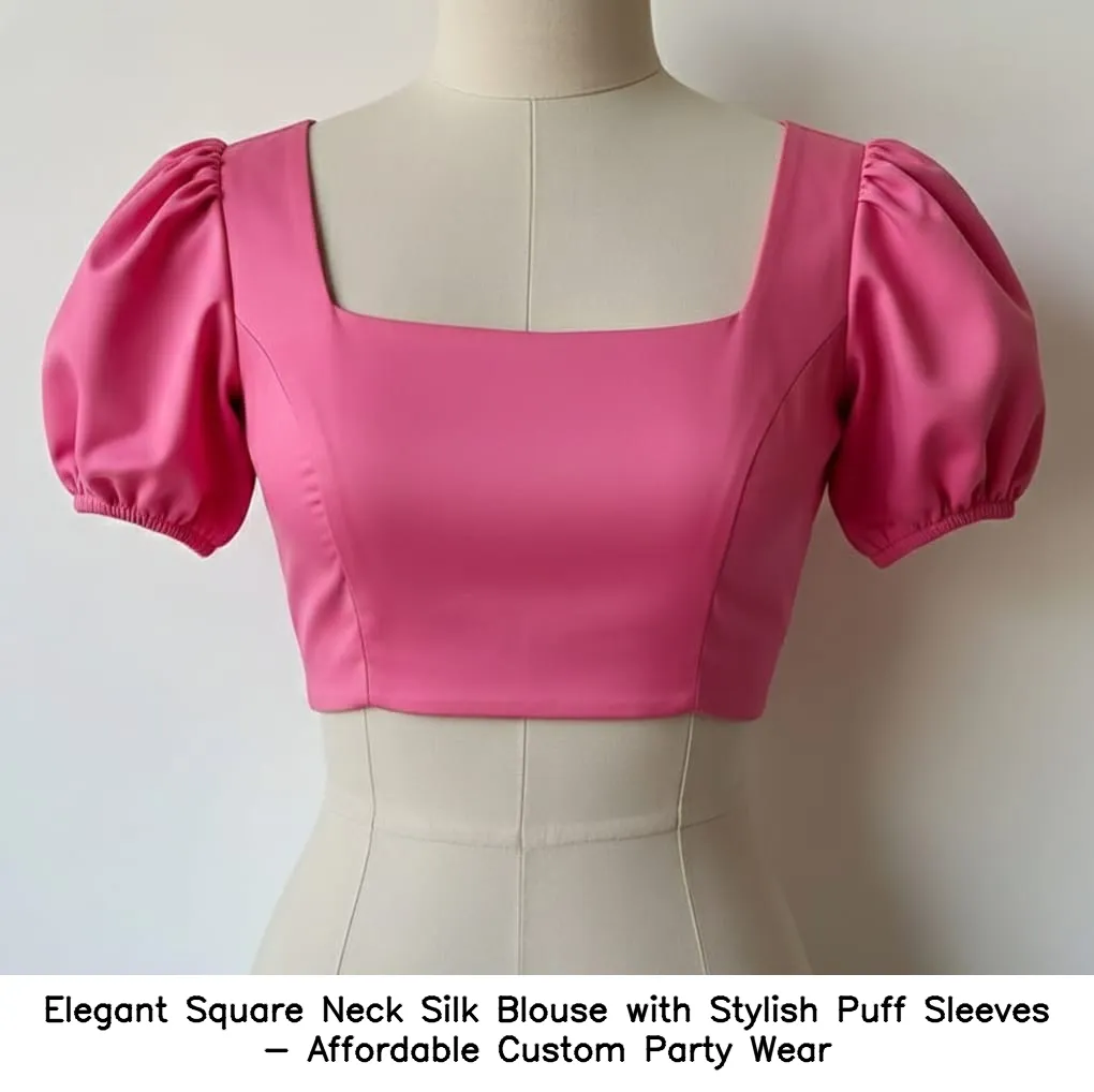 Elegant Square Neck Silk Blouse with Stylish Puff Sleeves - Affordable Custom Party Wear