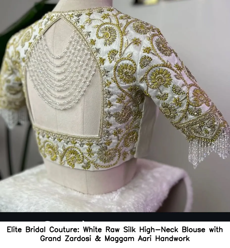Elite Bridal Couture: White Raw Silk High-Neck Blouse with Grand Zardosi & Maggam Aari Handwork