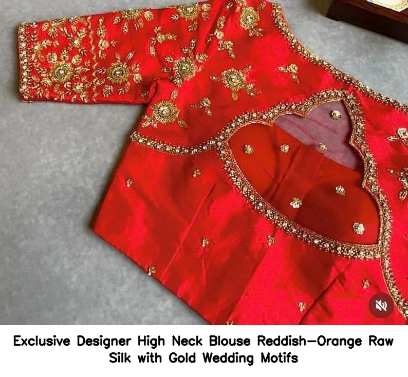 Exclusive Designer High Neck Blouse – Reddish-Orange Raw Silk with Gold Wedding Motifs