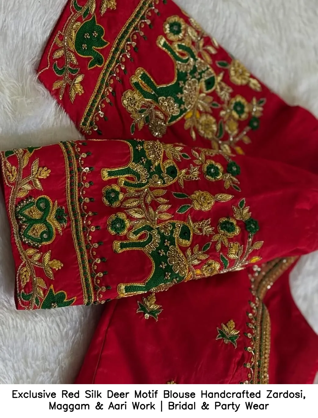 Exclusive Red Silk Deer Motif Blouse – Handcrafted Zardosi, Maggam & Aari Work | Bridal & Party Wear