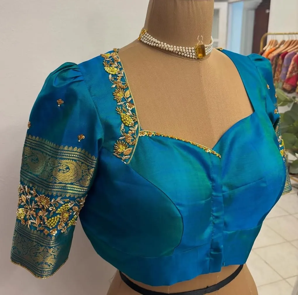 Exquisite Blue Zardosi Bridal Blouse Handcrafted Maggam Work for Brides