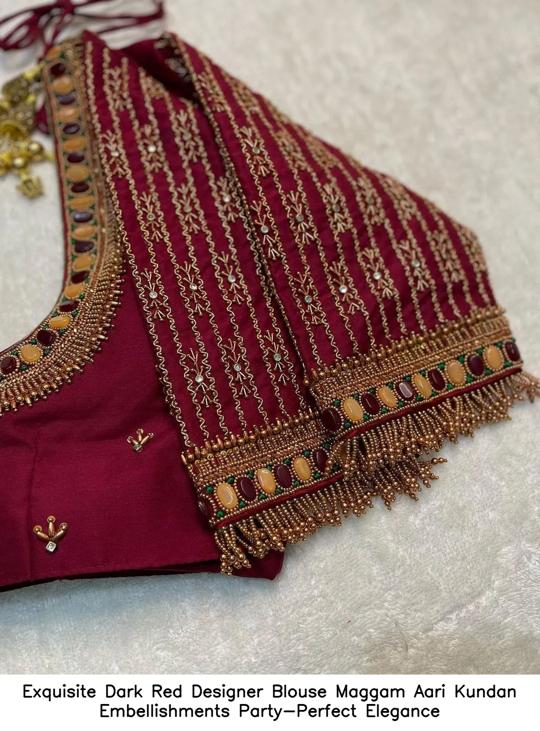 Exquisite Dark Red Designer Blouse – Maggam Aari Kundan Embellishments  Party-Perfect Elegance