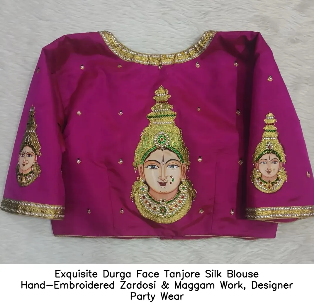 Exquisite Durga Face Tanjore Silk Blouse – Hand-Embroidered Zardosi & Maggam Work, Designer Party Wear