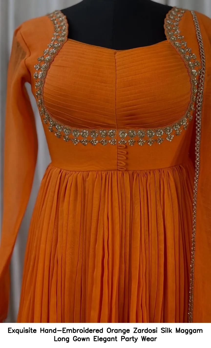 Exquisite Hand-Embroidered Orange Zardosi Silk Maggam Long Gown – Elegant Party Wear