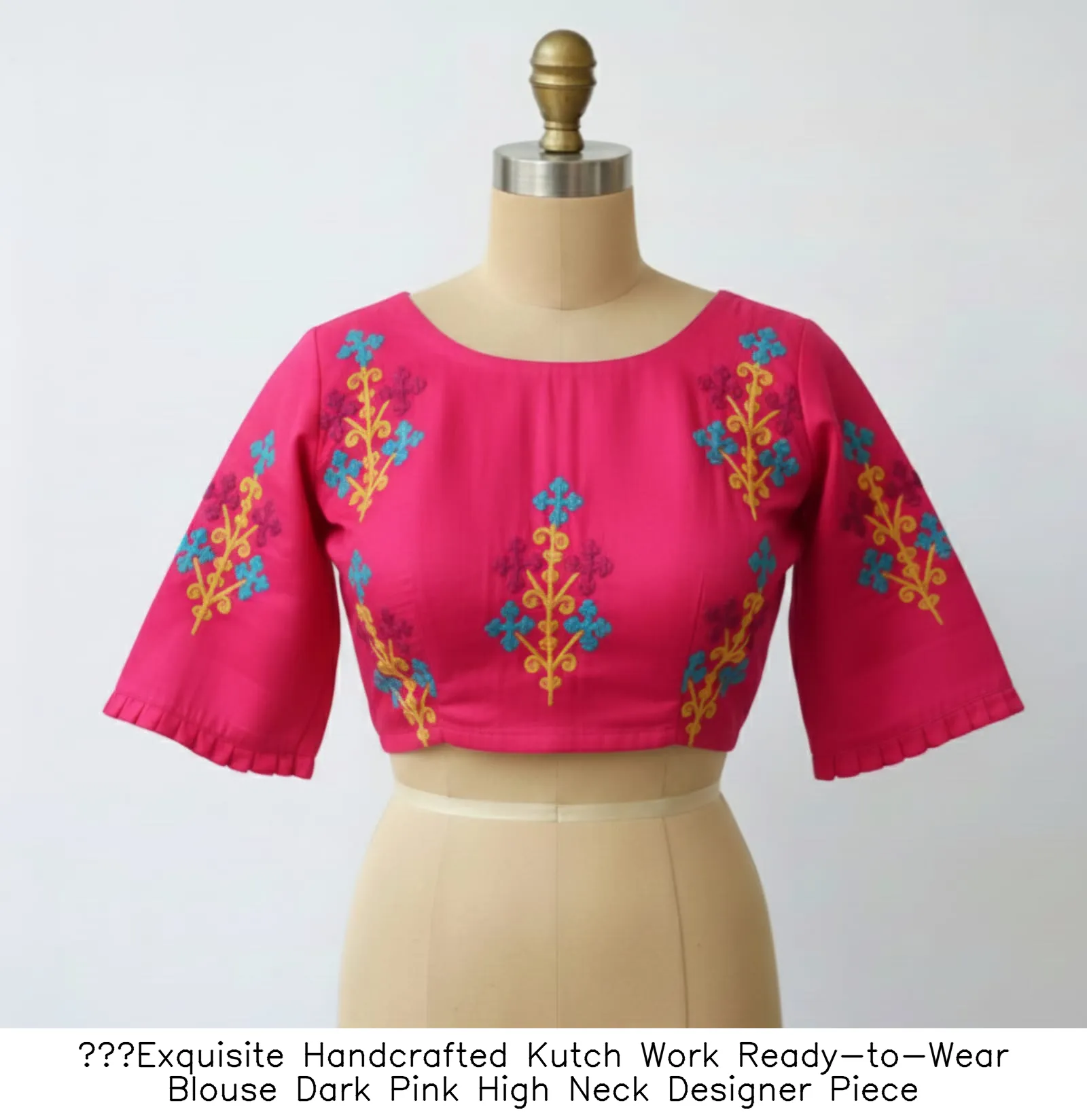 Exquisite Handcrafted Kutch Work Ready-to-Wear Blouse  Dark Pink High Neck Designer Piece