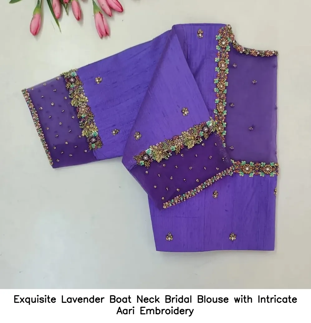 Exquisite Lavender Boat Neck Bridal Blouse with Intricate Aari Embroidery
