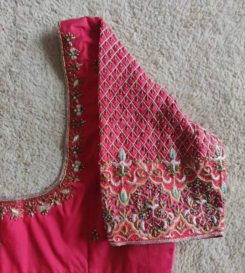 Exquisite Pink Checks Pearls Maggam Work Blouse  Handcrafted Elegance for Brides Festive Wear