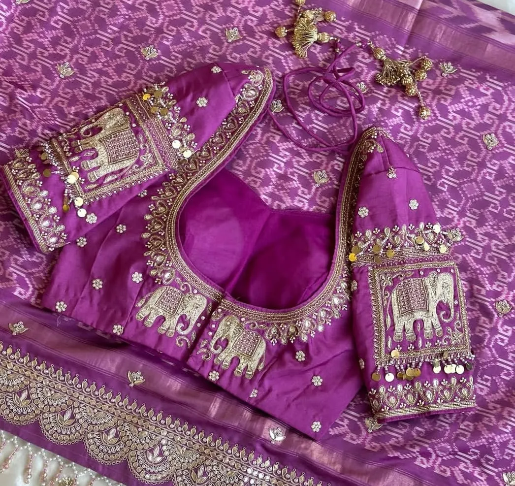 Exquisite Pink Elephant Maggam Work Bridal Blouse in Raw Silk Premium Wedding Wear at Best Price