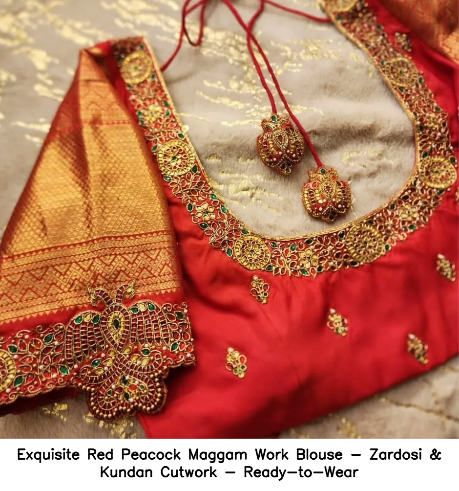 Exquisite Red Peacock Maggam Work Blouse - Zardosi & Kundan Cutwork - Ready-to-Wear