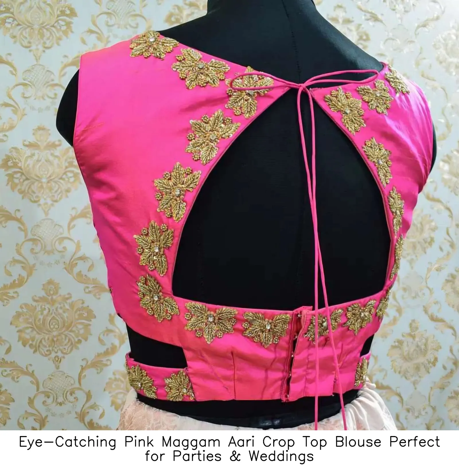 Eye-Catching Pink Maggam Aari Crop Top Blouse – Perfect for Parties & Weddings
