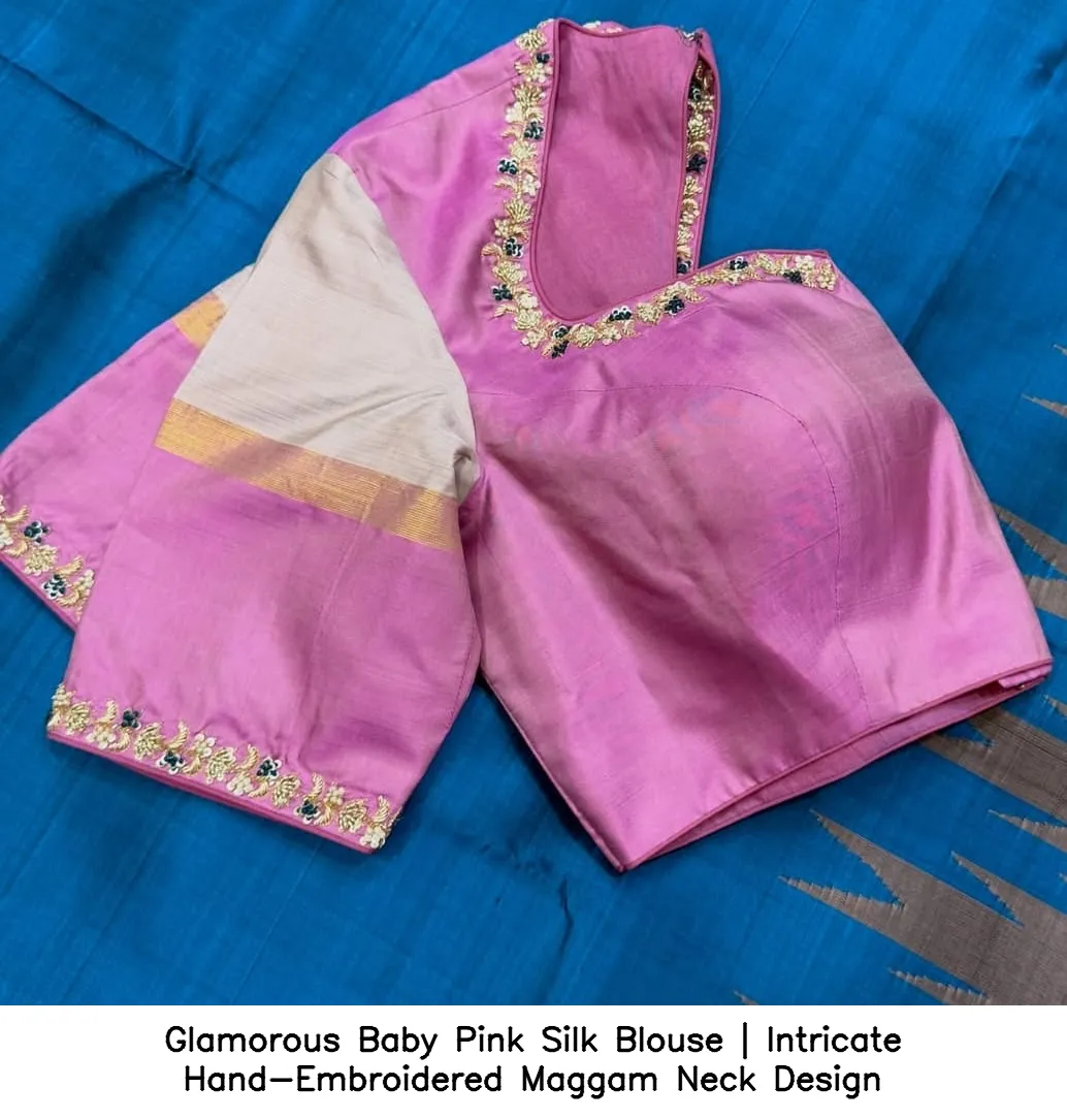 Glamorous Baby Pink Silk Blouse | Intricate Hand-Embroidered Maggam Neck Design