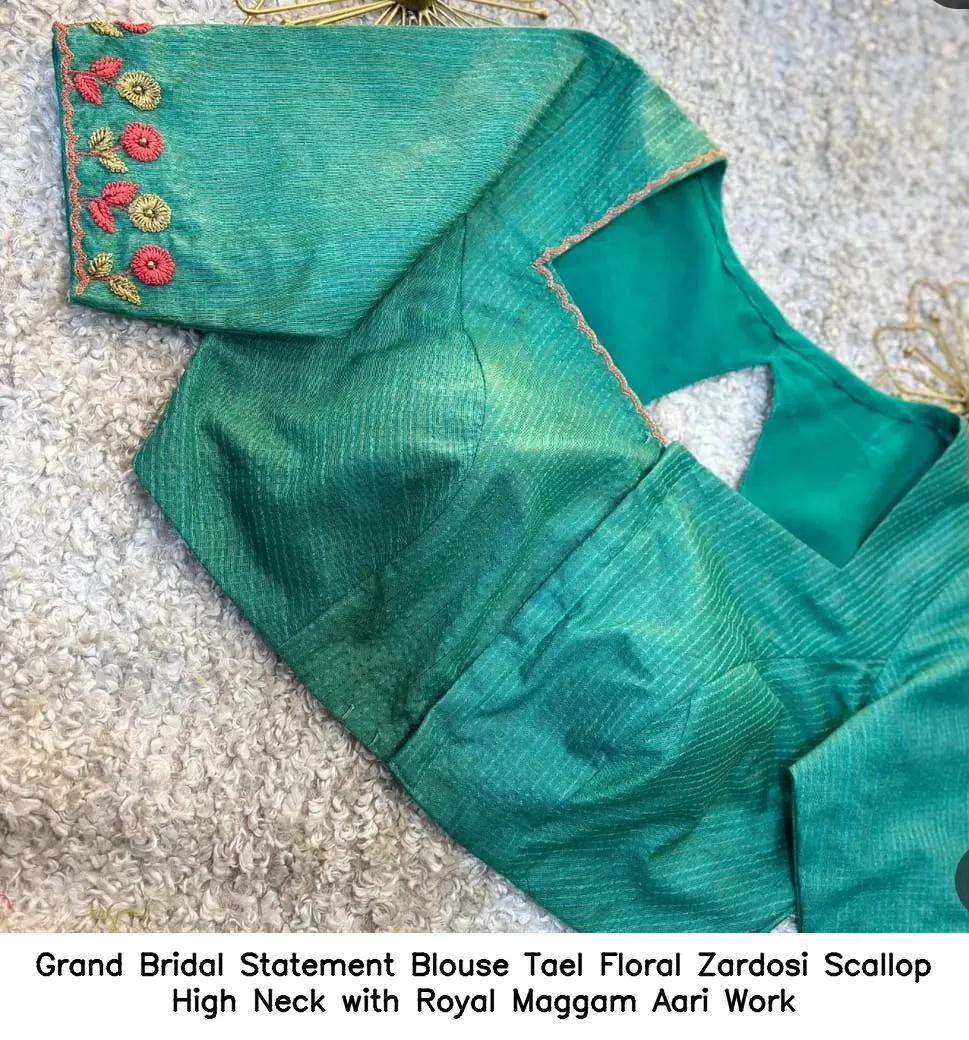Grand Bridal Statement Blouse – Tael Floral Zardosi Scallop High Neck with Royal Maggam Aari Work