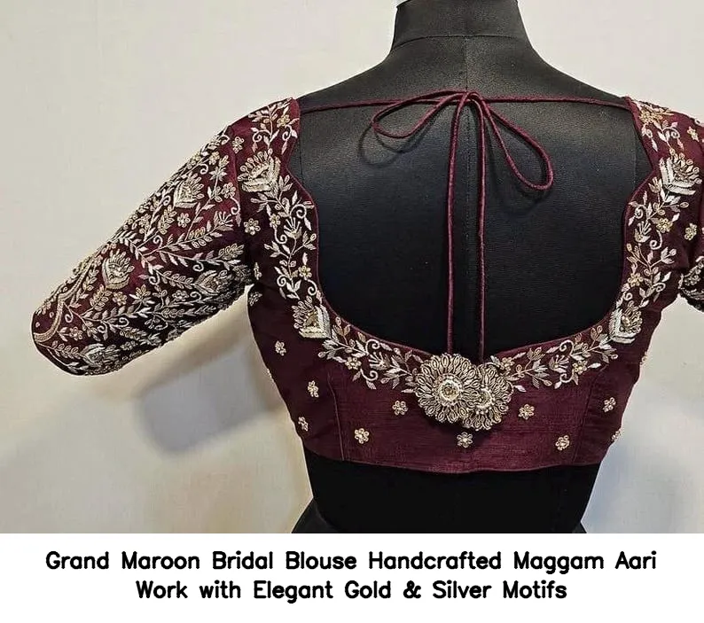 Grand Maroon Bridal Blouse – Handcrafted Maggam  Aari Work with Elegant Gold & Silver Motifs