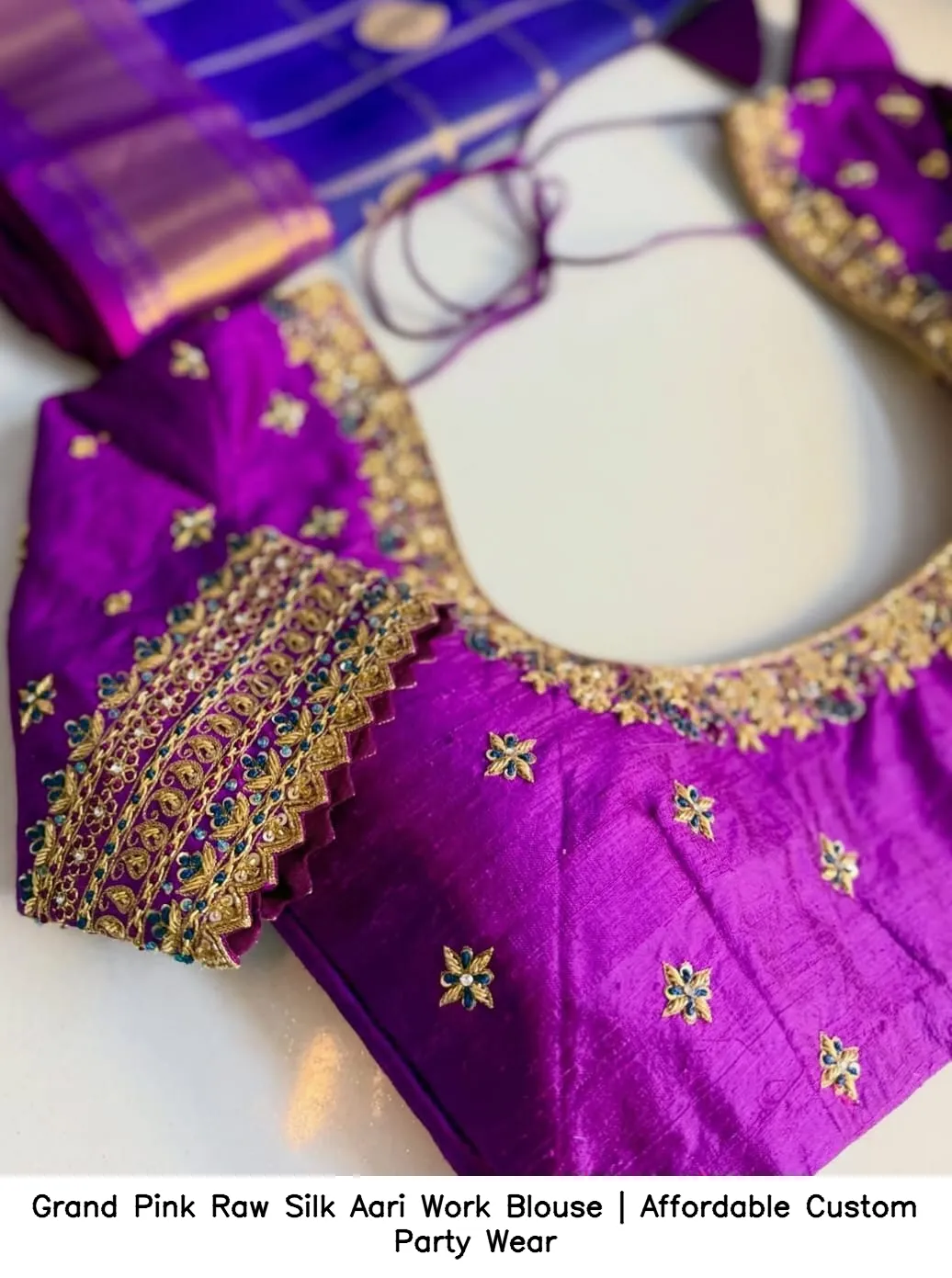 Grand Pink Raw Silk Aari Work Blouse | Affordable Custom Party Wear