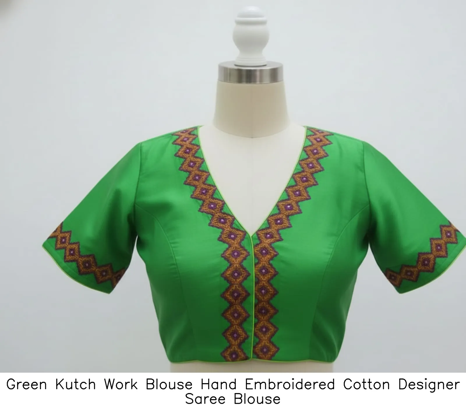 Green Kutch Work Blouse  Hand Embroidered Cotton Designer Saree Blouse