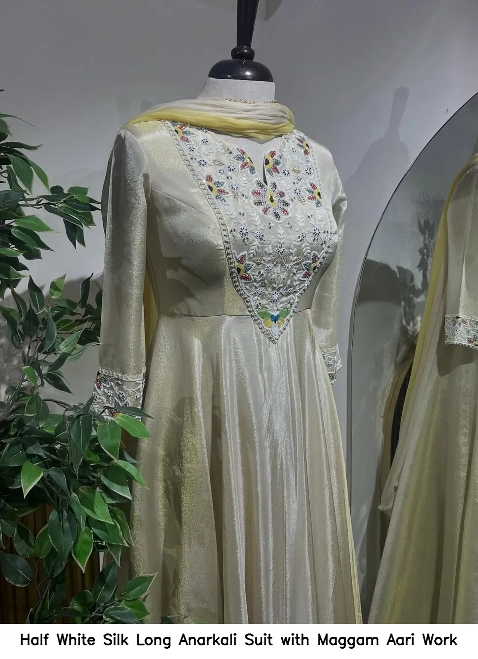 Half White Silk Long Anarkali Suit with Maggam Aari Work