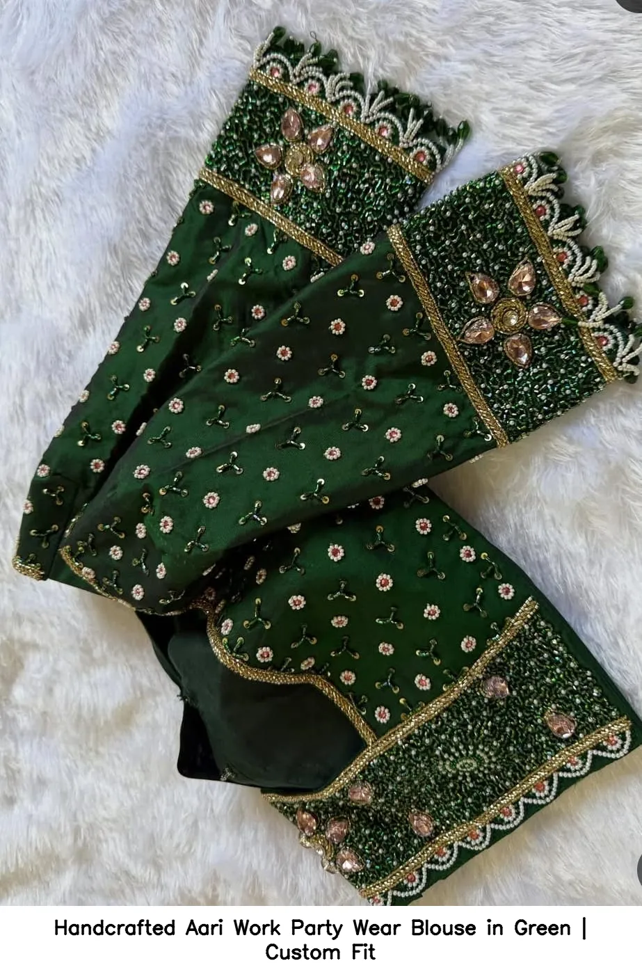 Handcrafted Aari Work Party Wear Blouse in Green | Custom Fit