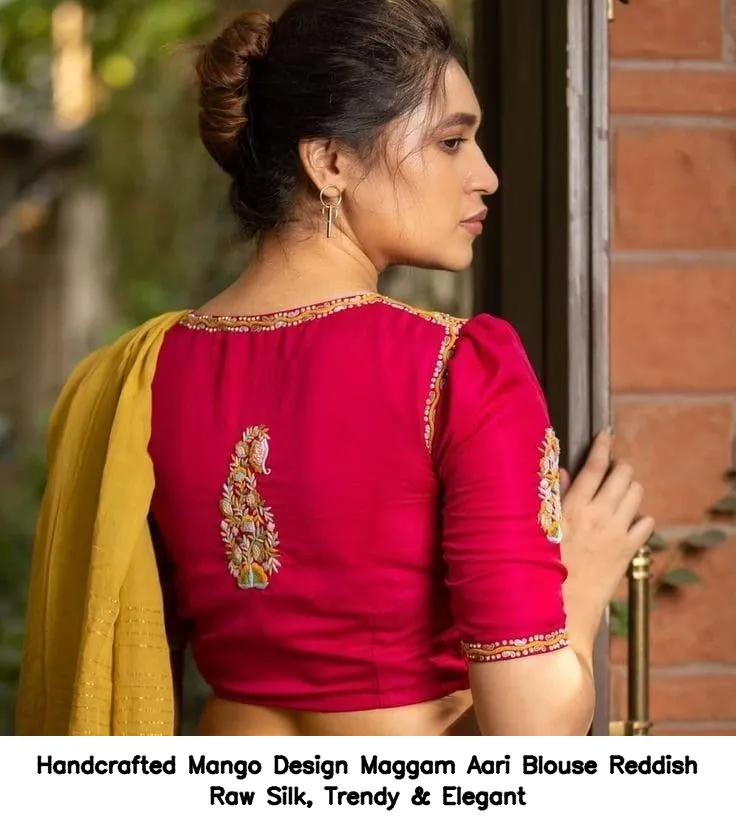 Handcrafted Mango Design Maggam Aari Blouse – Reddish Raw Silk, Trendy & Elegant