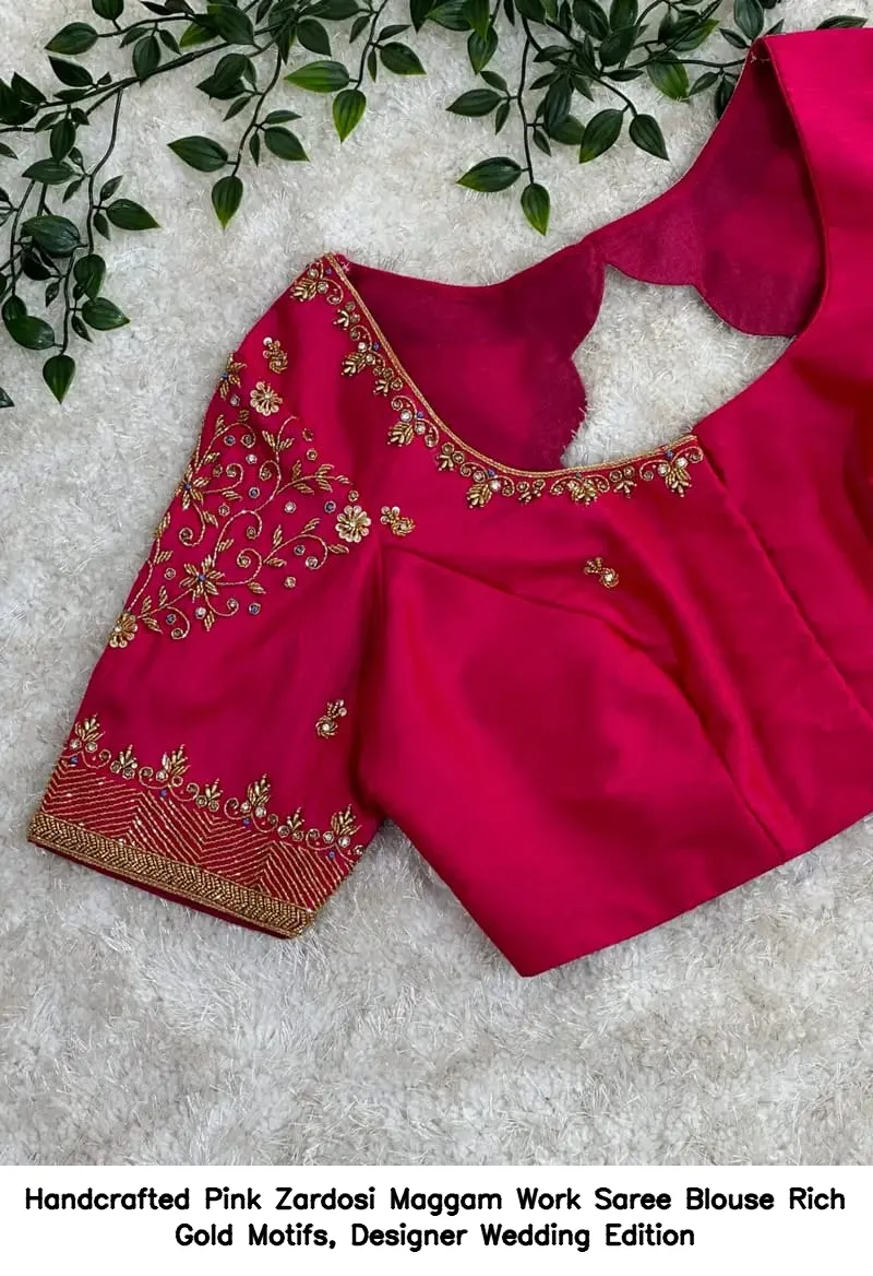 Handcrafted Pink Zardosi Maggam Work Saree Blouse – Rich Gold Motifs, Designer Wedding Edition