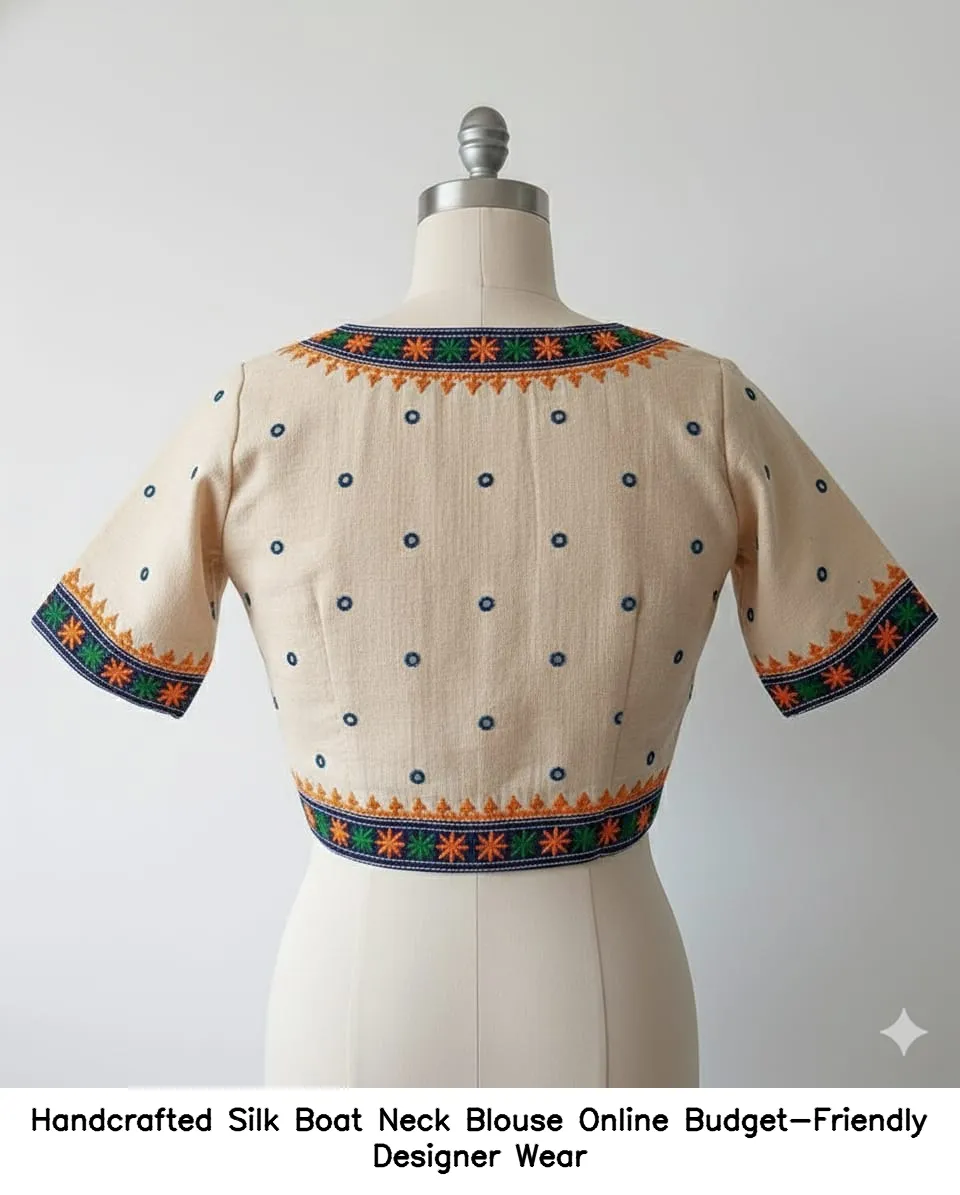 Handcrafted Silk Boat Neck Blouse Online – Budget-Friendly Designer Wear