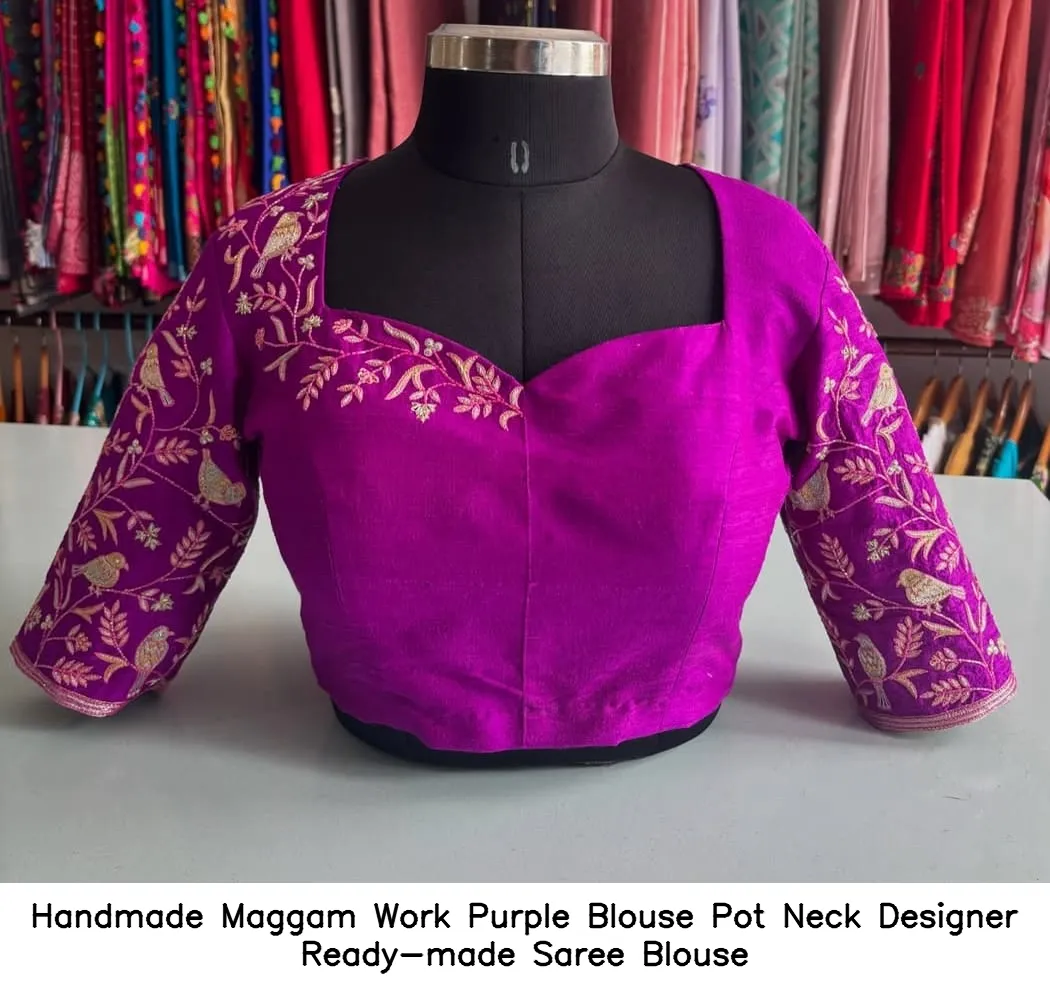 Handmade Maggam Work Purple Blouse  Pot Neck Designer Ready-made Saree Blouse