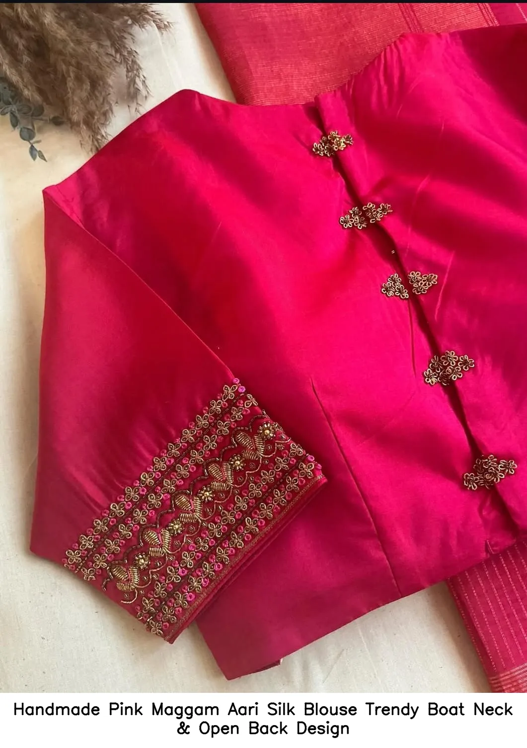 Handmade Pink Maggam Aari Silk Blouse – Trendy Boat Neck & Open Back Design