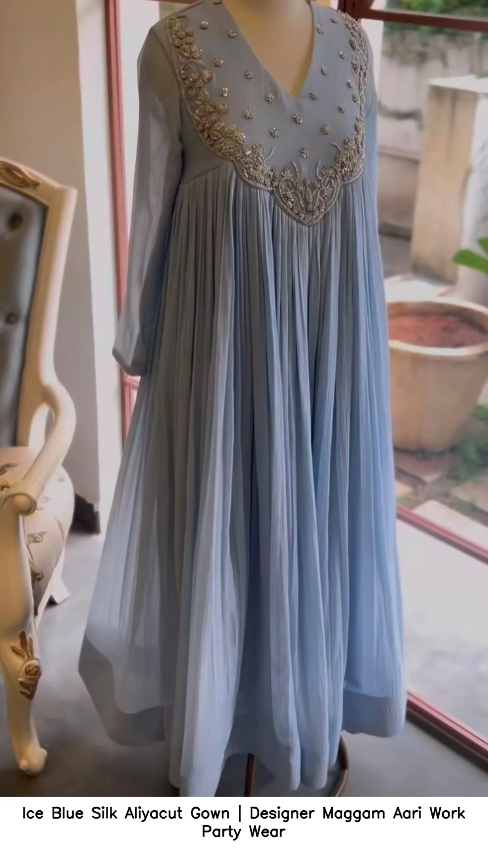 Ice Blue Silk Aliyacut Gown | Designer Maggam  Aari Work Party Wear