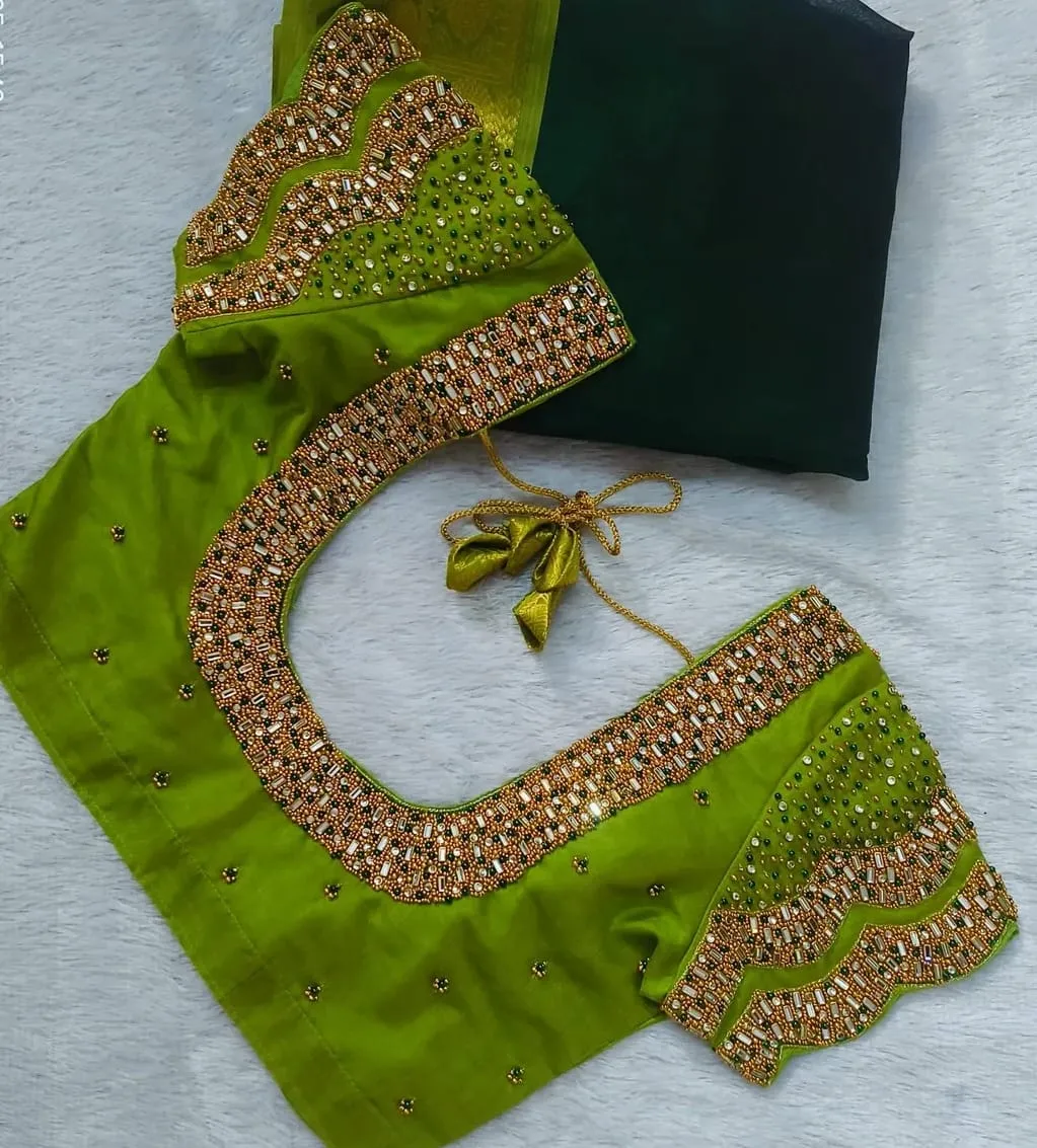 Irresistible Parrot Green Raw Silk Blouse  Handcrafted Ethnic Designer Look