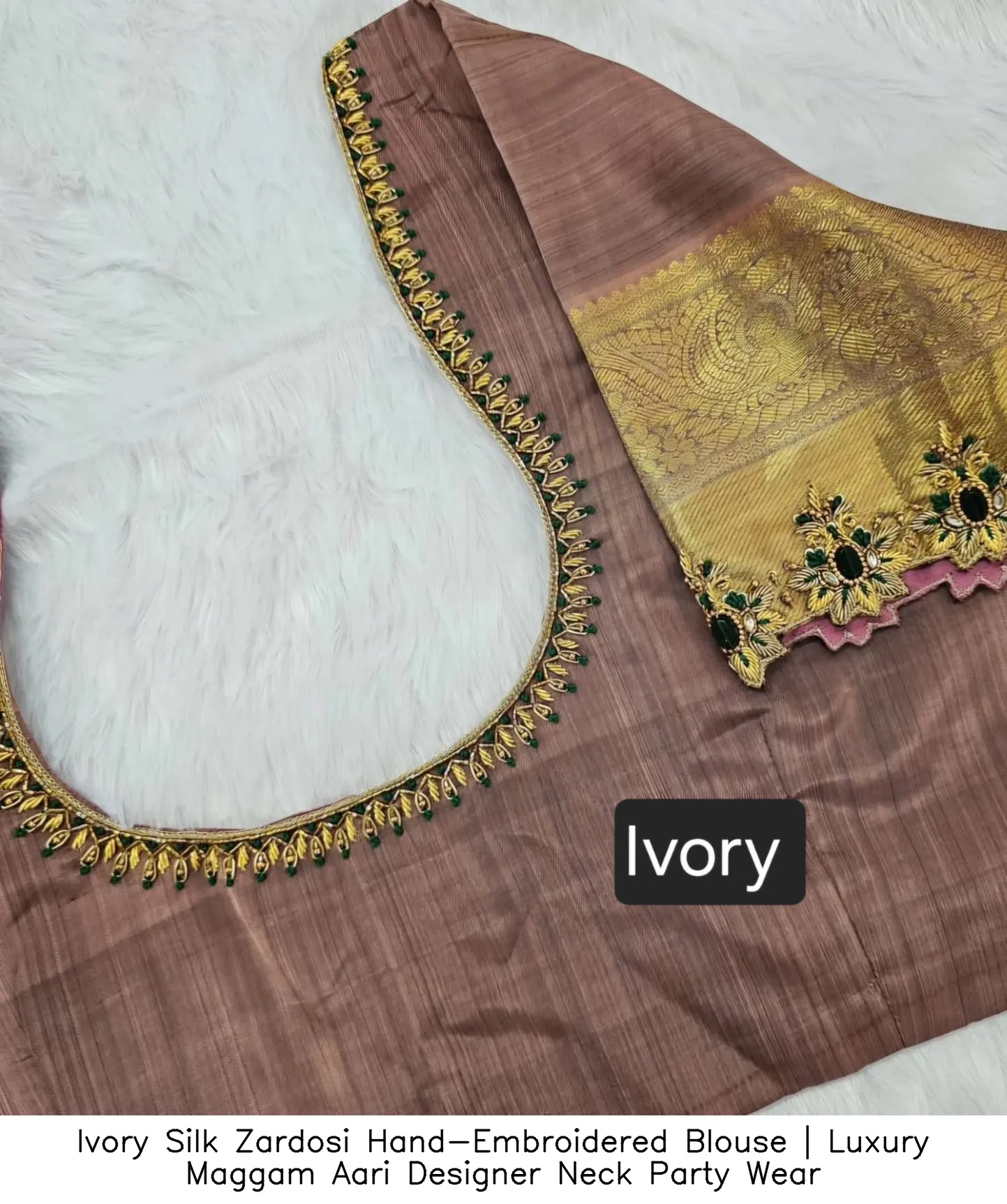 Ivory Silk Zardosi Hand-Embroidered Blouse | Luxury Maggam Aari Designer Neck Party Wear