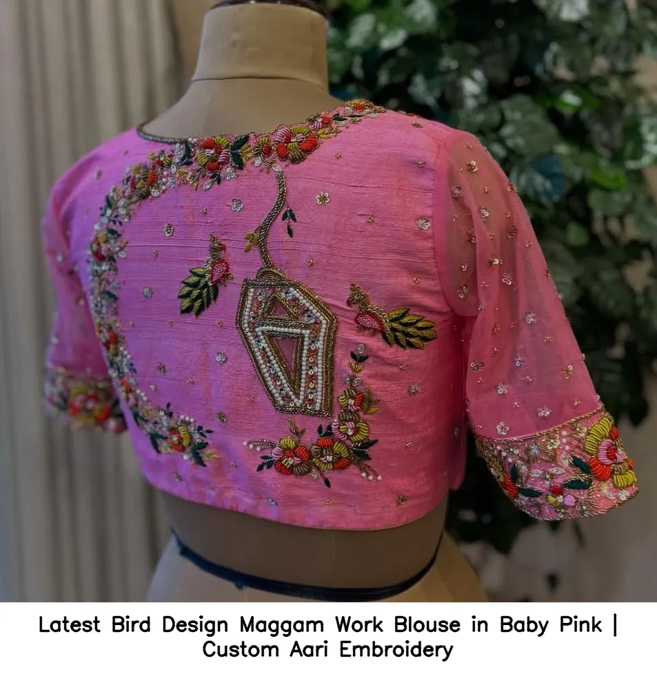 Latest Bird Design Maggam Work Blouse in Baby Pink | Custom Aari Embroidery