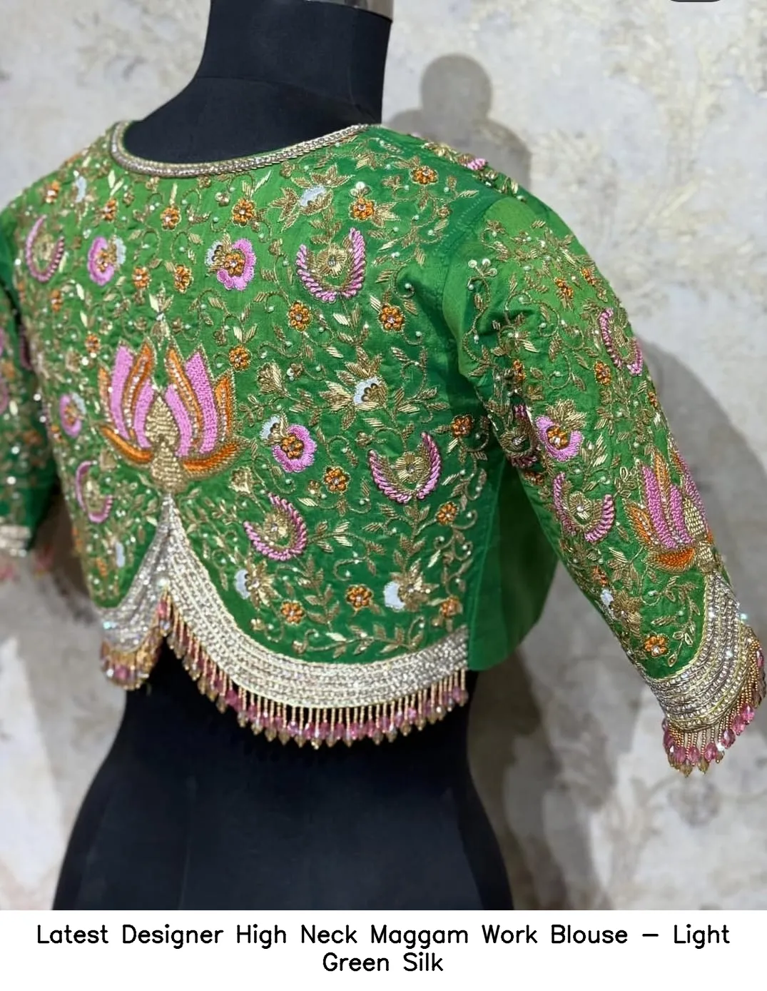 Latest Designer High Neck Maggam Work Blouse - Light Green Silk