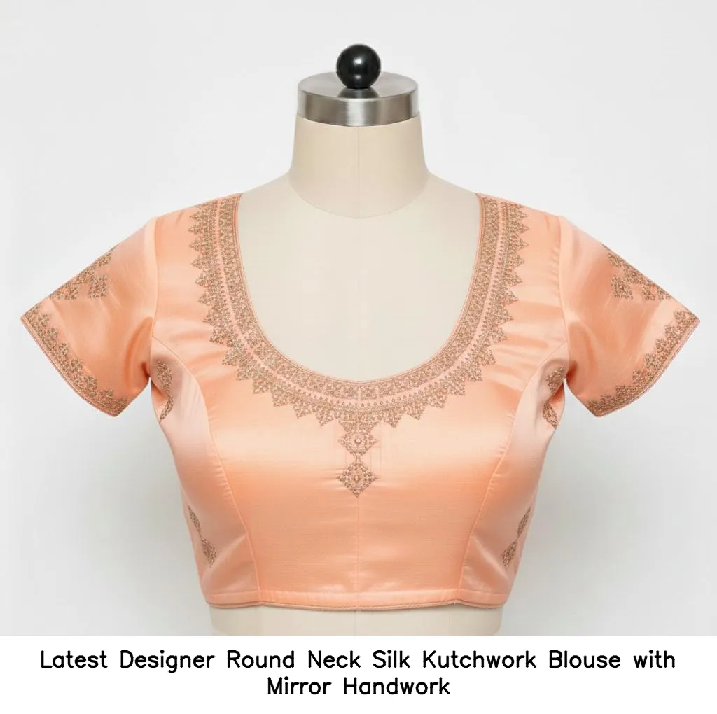 Latest Designer Round Neck Silk Kutchwork Blouse with Mirror Handwork