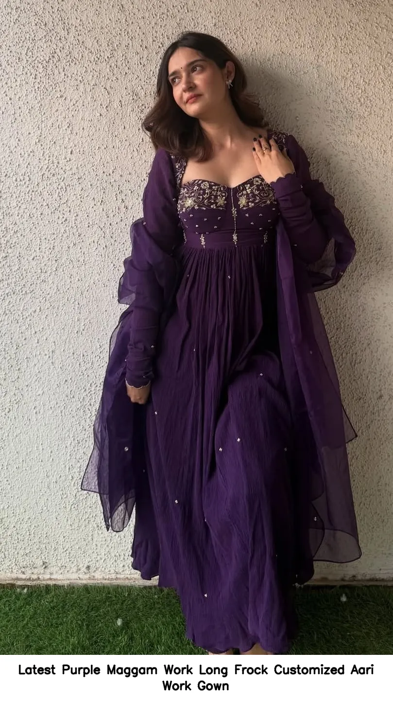Latest Purple Maggam Work Long Frock – Customized Aari Work Gown - Image 2