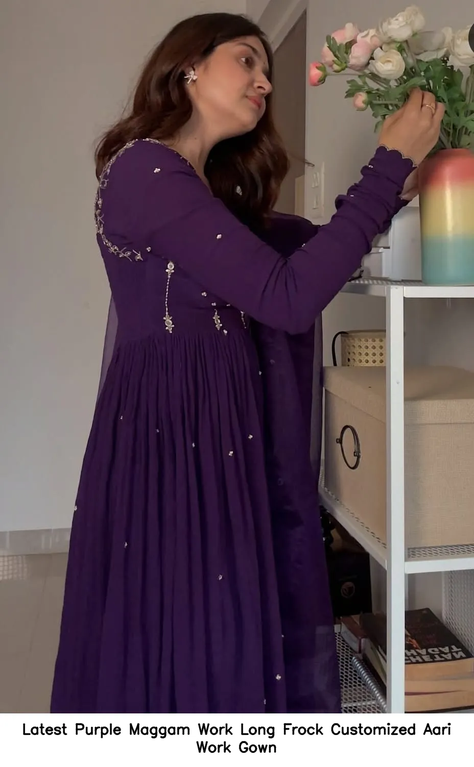 Latest Purple Maggam Work Long Frock – Customized Aari Work Gown - Image 3