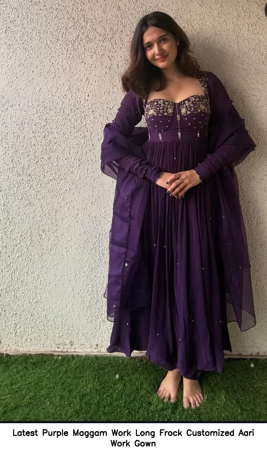 Latest Purple Maggam Work Long Frock – Customized Aari Work Gown - Image 4
