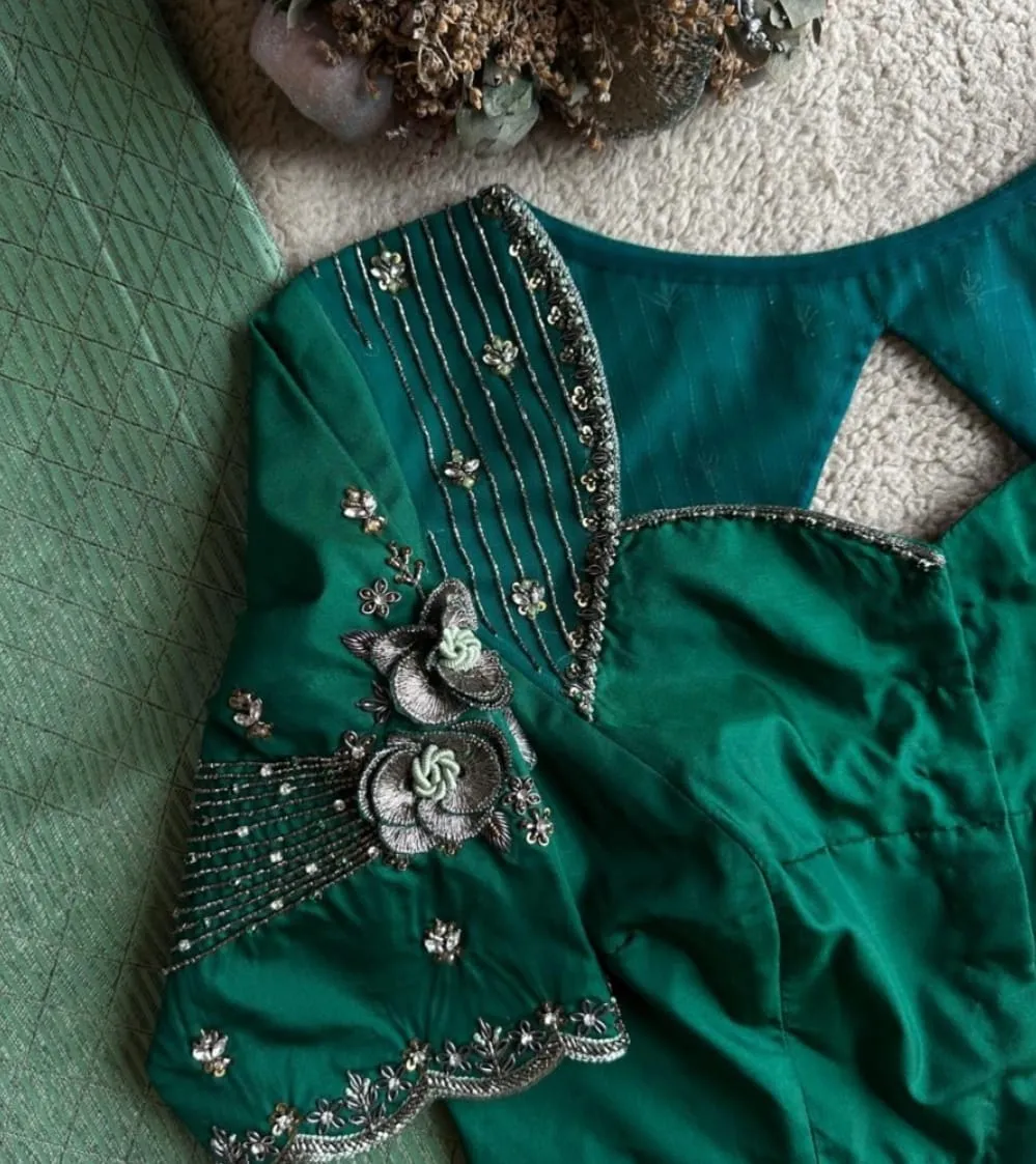 Latest Teal Green Maggam Work Blouse Design for Wedding Festive Wear
