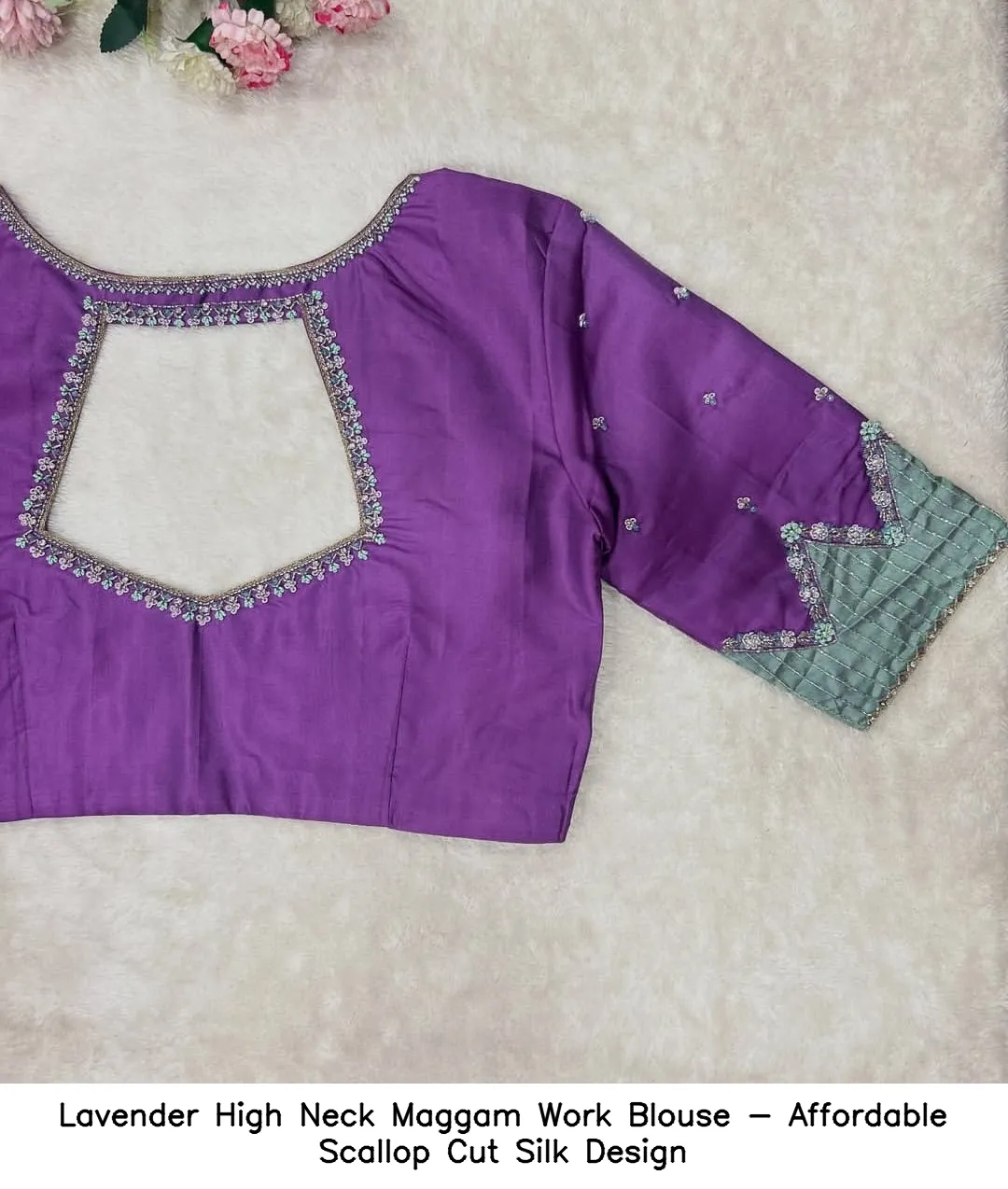 Lavender High Neck Maggam Work Blouse - Affordable Scallop Cut Silk Design
